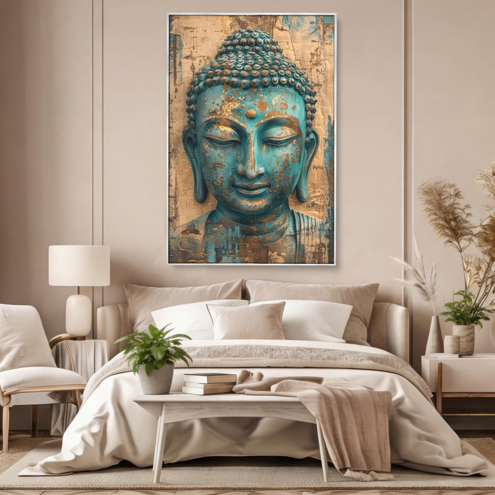 Tablou canvas cu tablou canvas cu capul lui buddha turcoaz, in rama de aluminiu argintiu, pe perete intr-un dormitor